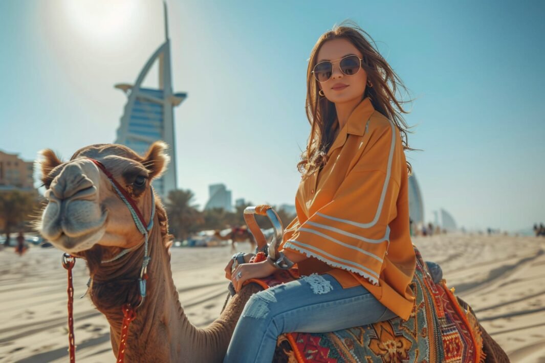 Woman riding a camel in Dubai