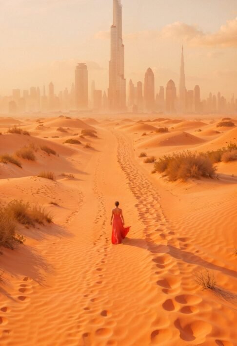woman walking in a desert towards a city